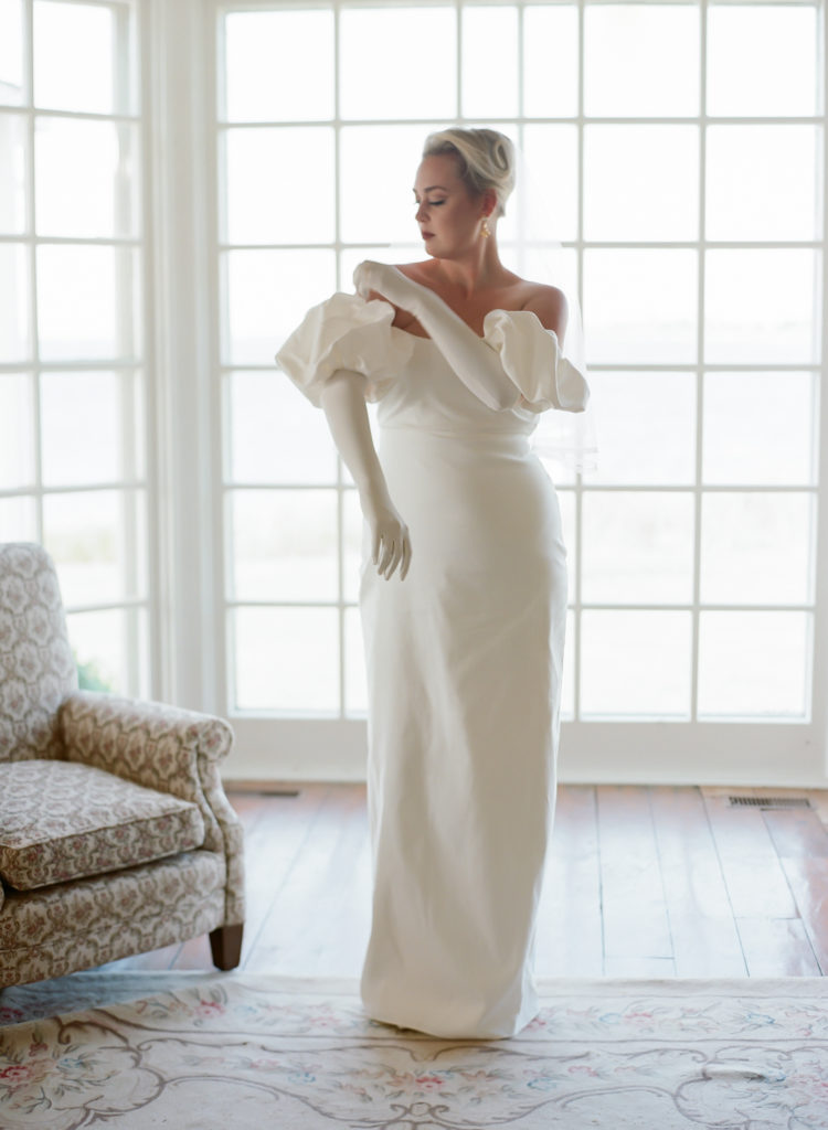 Bride with off the Shoulder Dress by Sarah Seven captured by Halifax Wedding Photographer, Jacqueline Anne Photography in Nova Scotia.